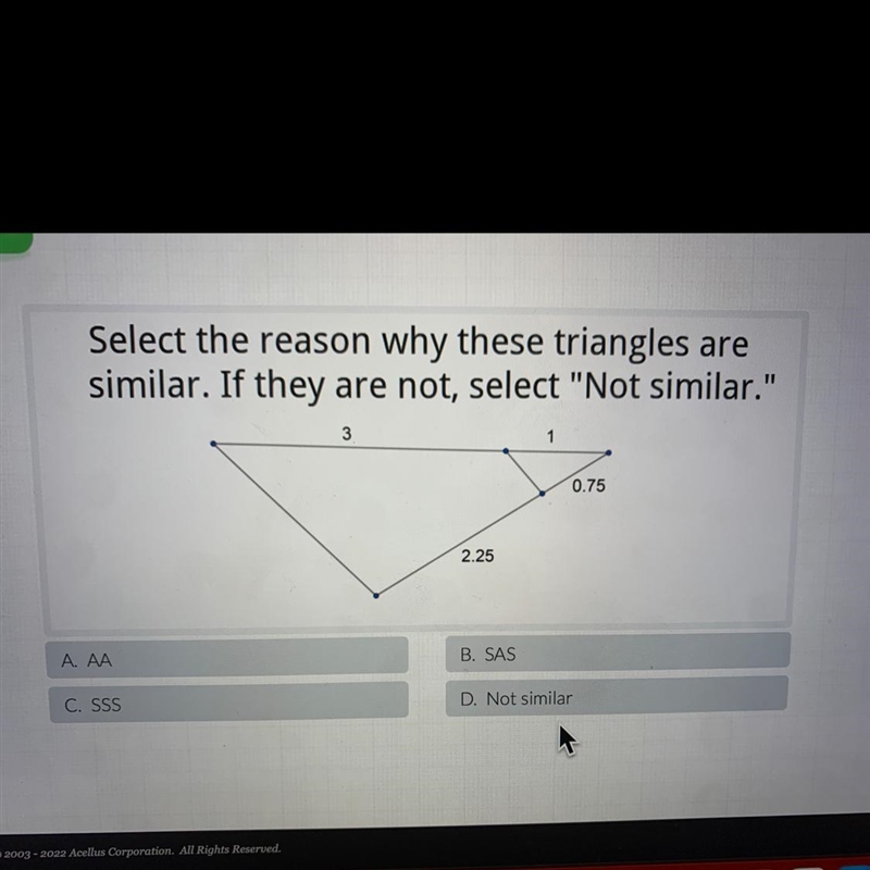 Select the reason why these triangles aresimilar. If they are not, select "Not-example-1