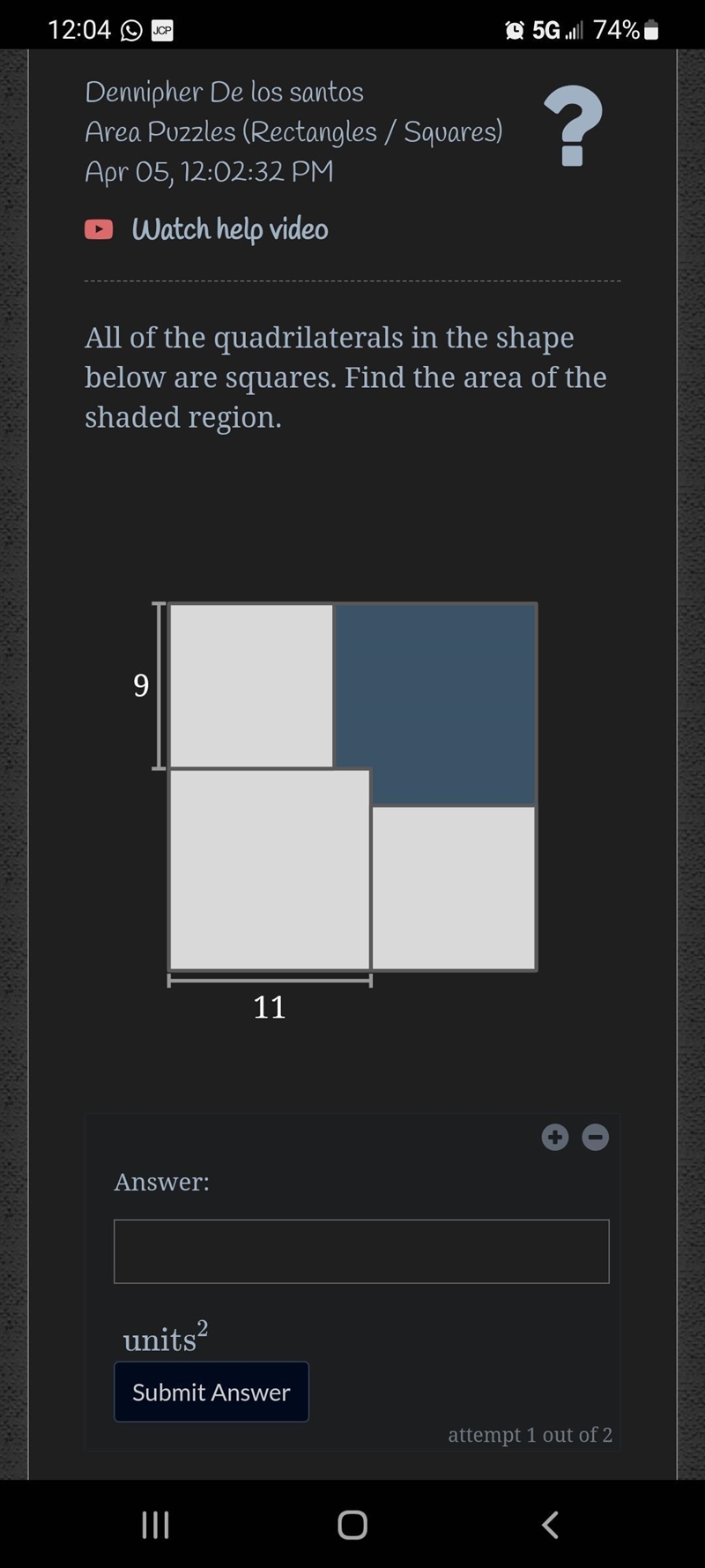 All of the quadrilaterals in the shape below are squares. Find the area of the shaded-example-1