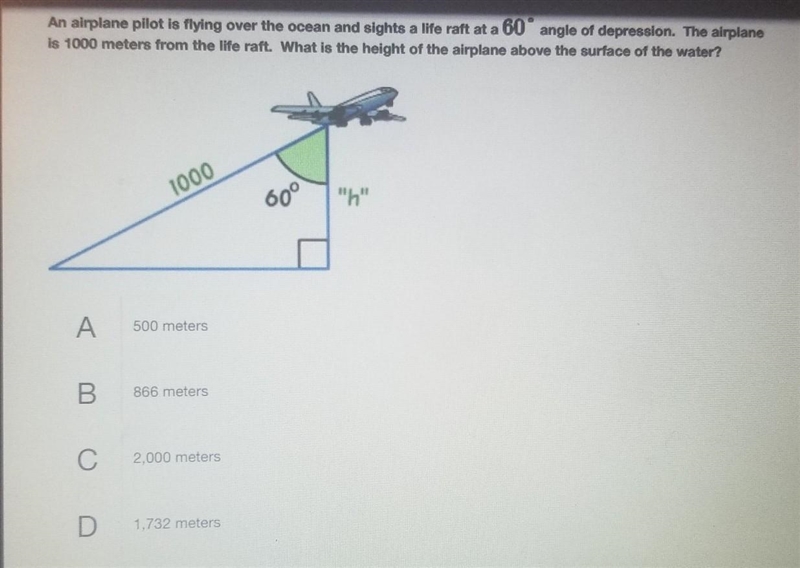 An airplane pilot is flying over the ocean and sights a life raft at a 60° angle depression-example-1