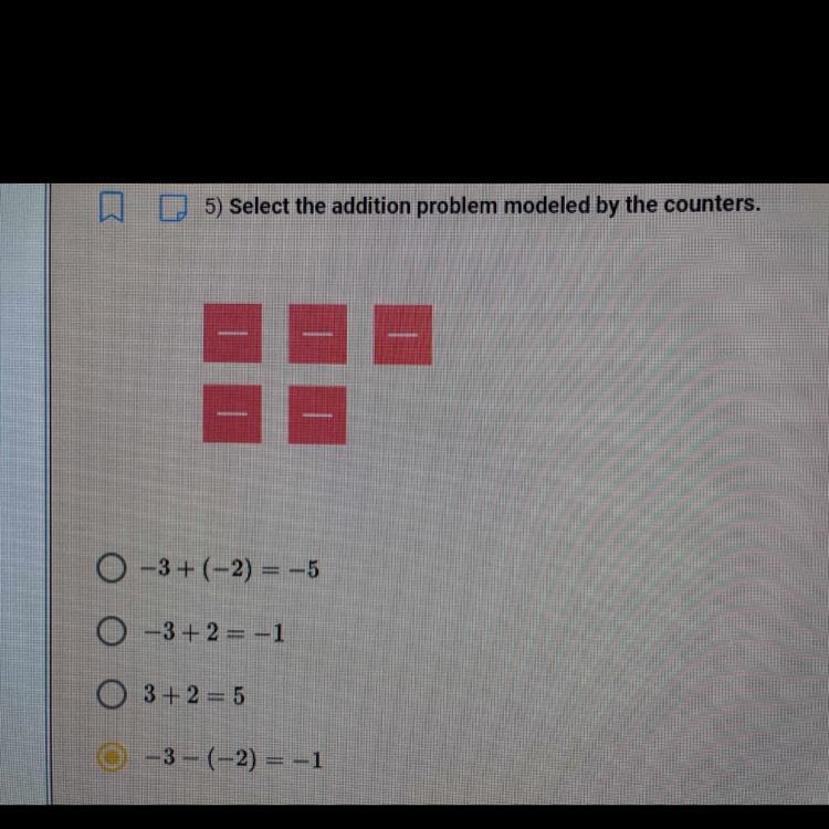 Select the addition problem modeled by the counters.-3+(-2) = -5-3 + 2 = -13+ 2 = 5-3- (-2) = -1-example-1