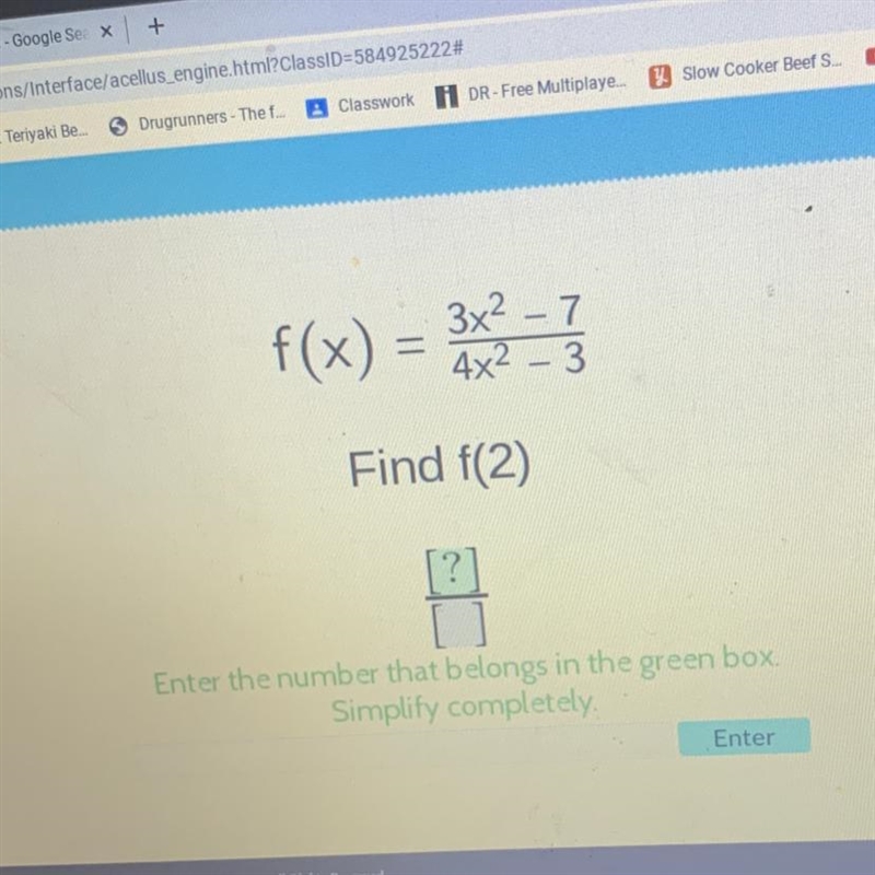 F(x) = 3x2²2 = 13 Find f(2) Enter the number that belongs in the green box. Simplify-example-1