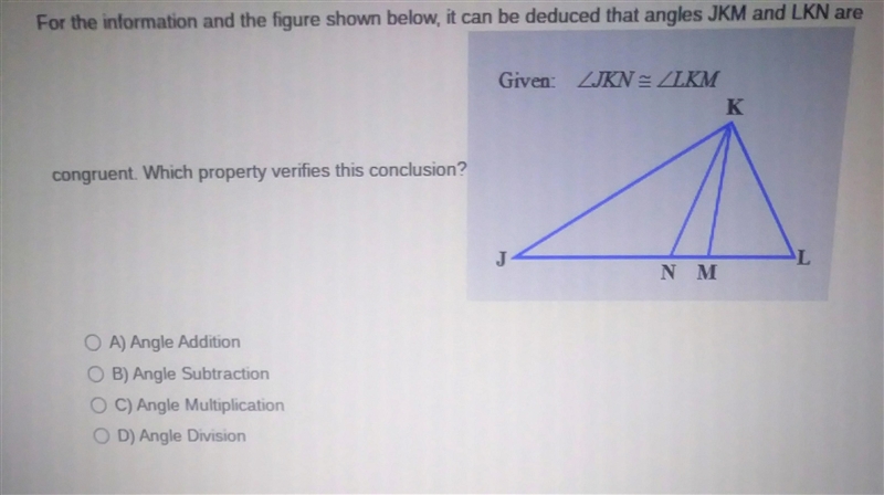 For the information and the figure shown below, it can be deduced that angles JKM-example-1