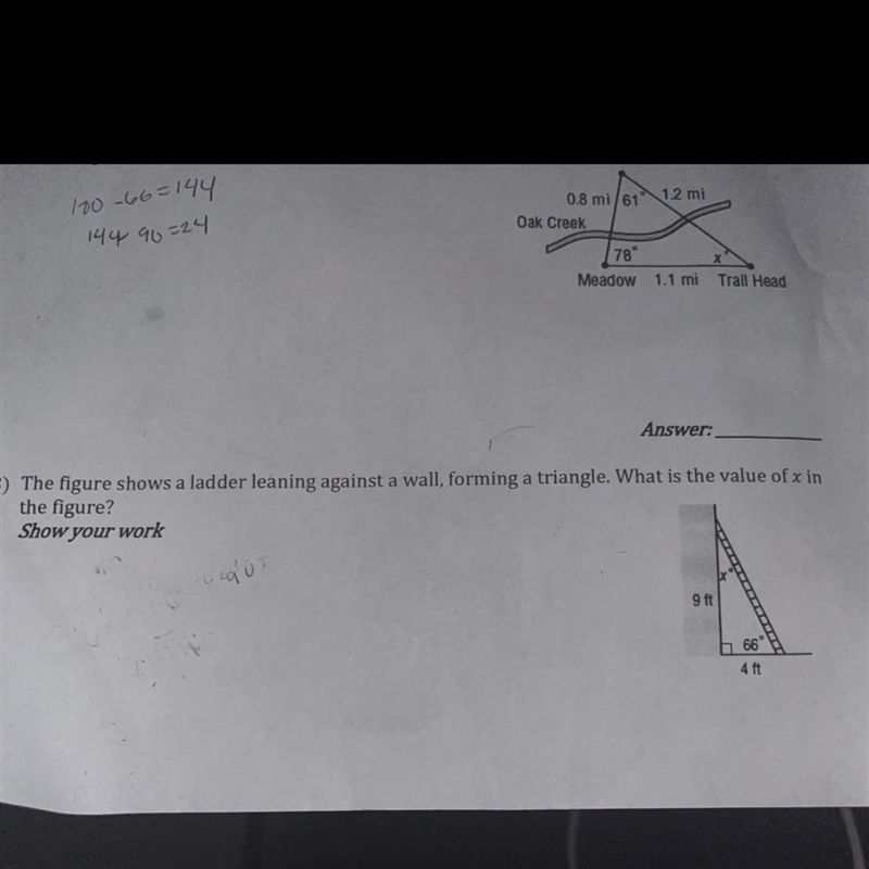 100Oak Creek144 90=2478°Meadow1.1 miTrall HeadAnswer:3) The figure shows a ladder-example-1