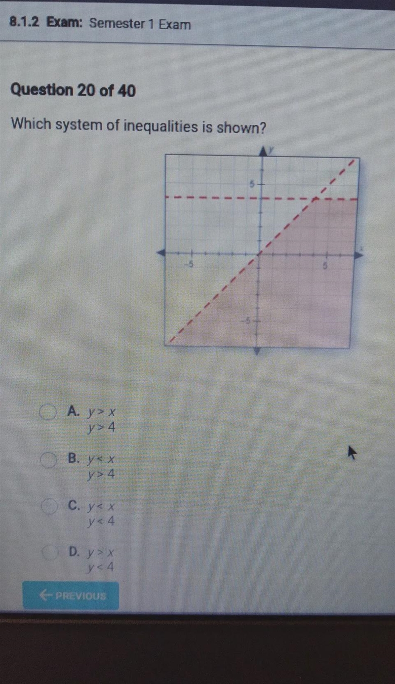 Question 20 of 40 Which system of inequalities is shown? A yox y 4 OB. yex >4 C-example-1