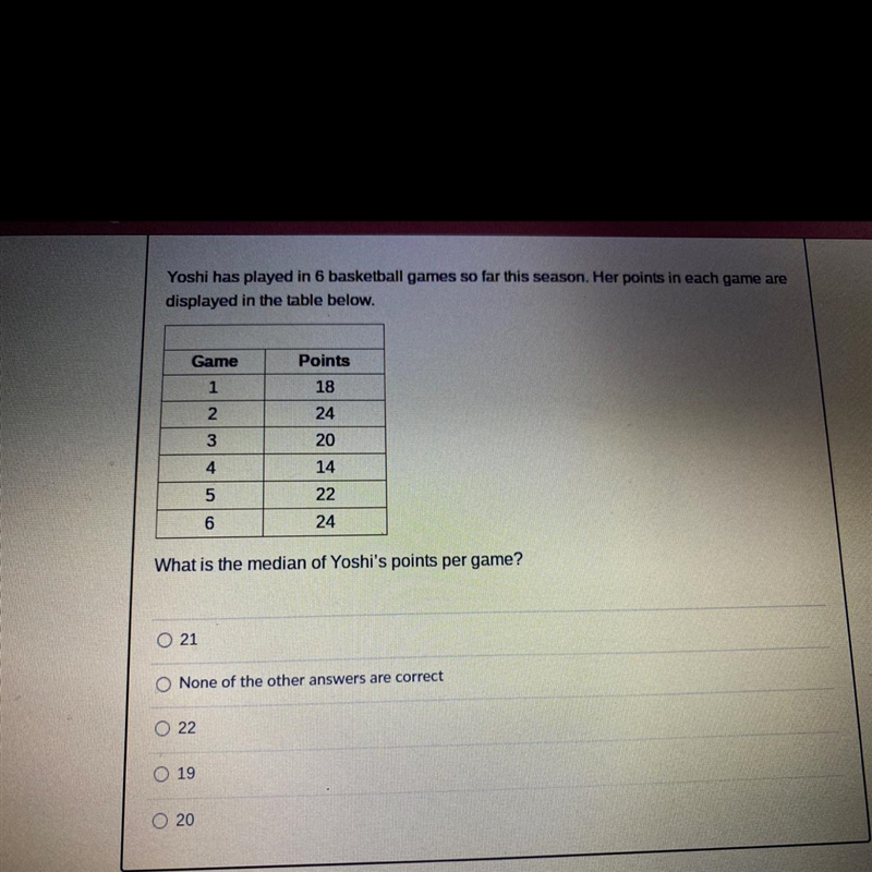 Yoshi has played in 6 basketball games so far this season. Her points in each game-example-1