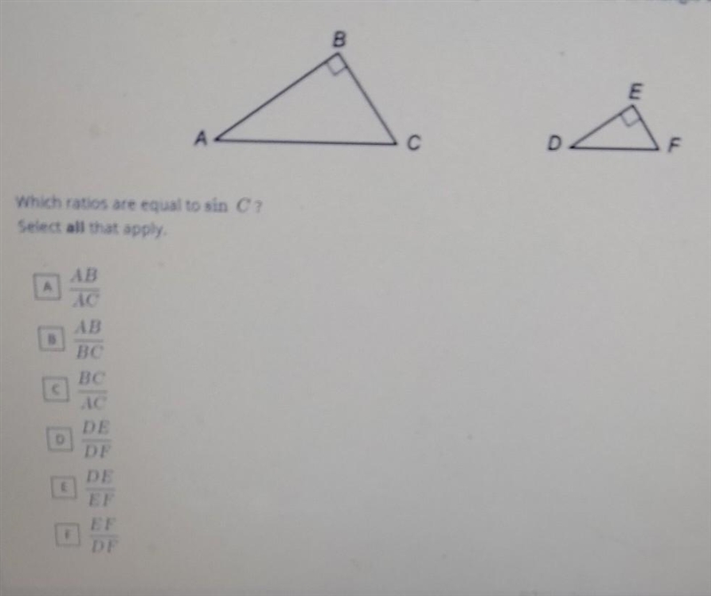 Which ratios are equal to sin C? Select all that apply.-example-1