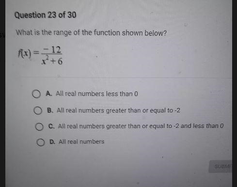 What is the range of the function shown below? f(x) - 12 * +6 2 O 0 A. All real numbers-example-1