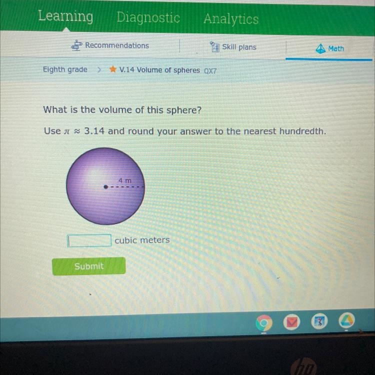 What is the volume of this sphere? Use a ~ 3.14 and round your answer to the nearest-example-1