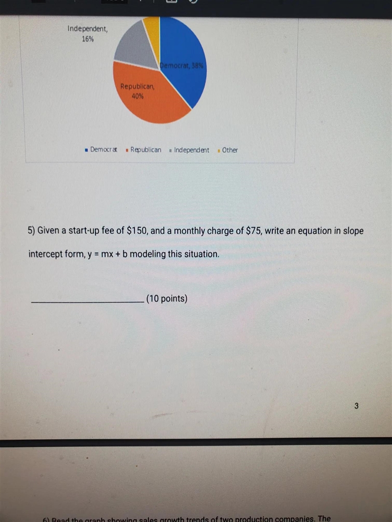 5) Given a start-up fee of $150, and a monthly charge of $75, write an equation in-example-1