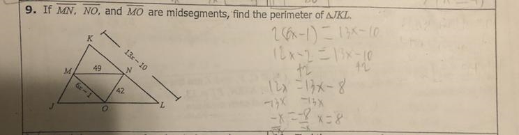 If MN, NO and MO are midsegments, find the perimeter of JKL. (Need a step by step-example-1