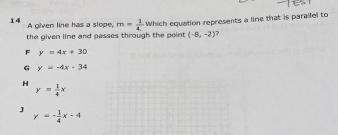 PLEASE HELP!! :,( A given line has a slope of, m= 1/4. which equation represents a-example-1