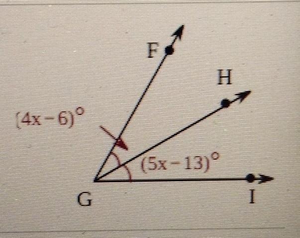 in the diagram line segment GH bisects angle FGI Solve for x and find angle FGHfind-example-1