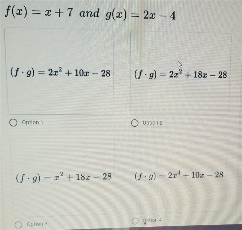 Find each new function in simplest form of : f x g Which of the four options is it-example-1