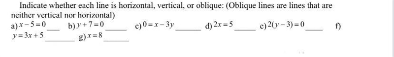 Indicate whether each line is horizontal, vertical, or oblique: (Oblique lines are-example-1