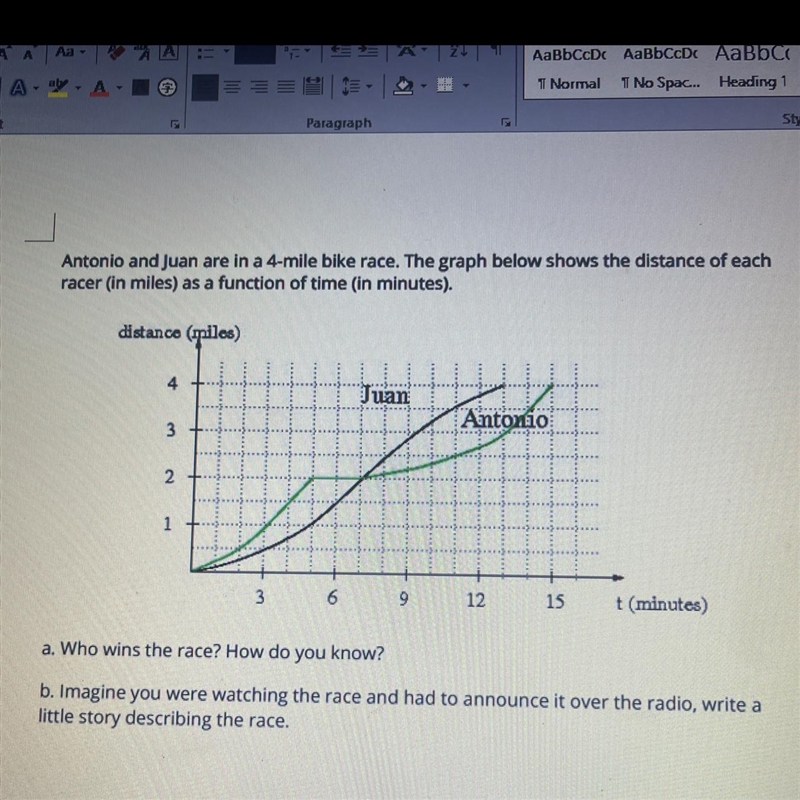 Antonio and Juan are in a 4-mile bike race. The graph below shows the distance of-example-1