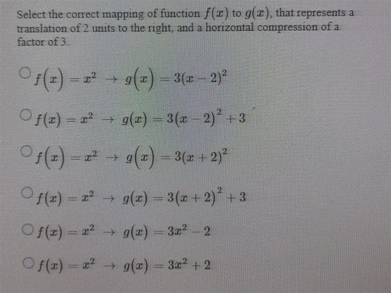 Select the correct mapping of function f(x) to g(x), that represents a translation-example-1