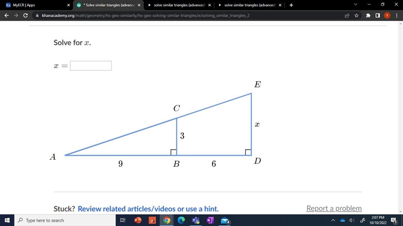 Solve similar triangles (advanced) khan academy. solve for x-example-1