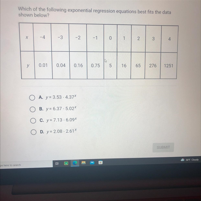 Which of the following exponential regression equations best fits the datashown below-example-1