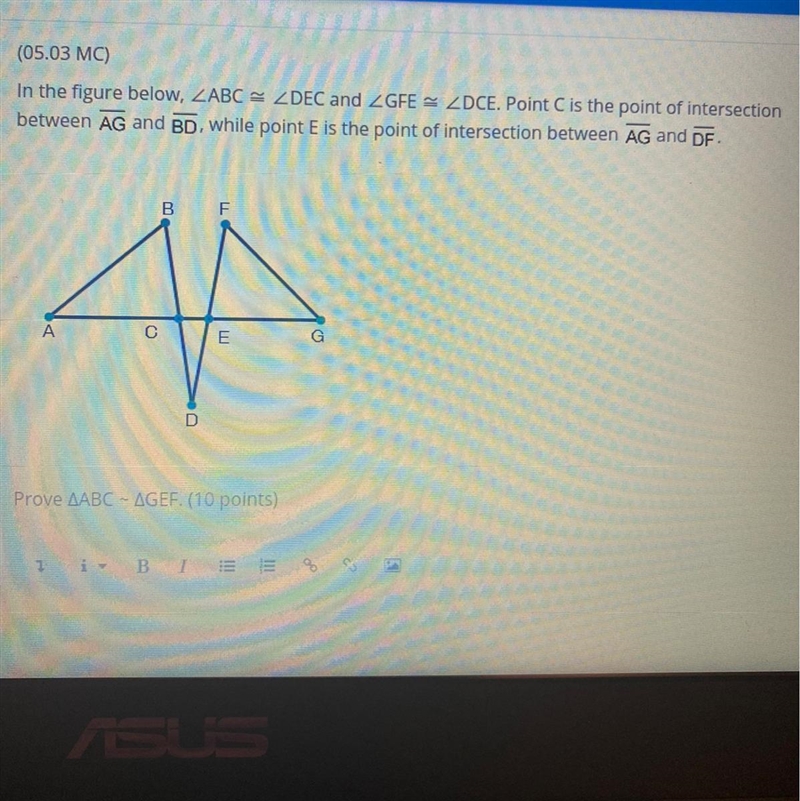 In the figure below, ZABC = ZDEC and ZGFE - ZDCE. Point C is the point of intersectionbetween-example-1
