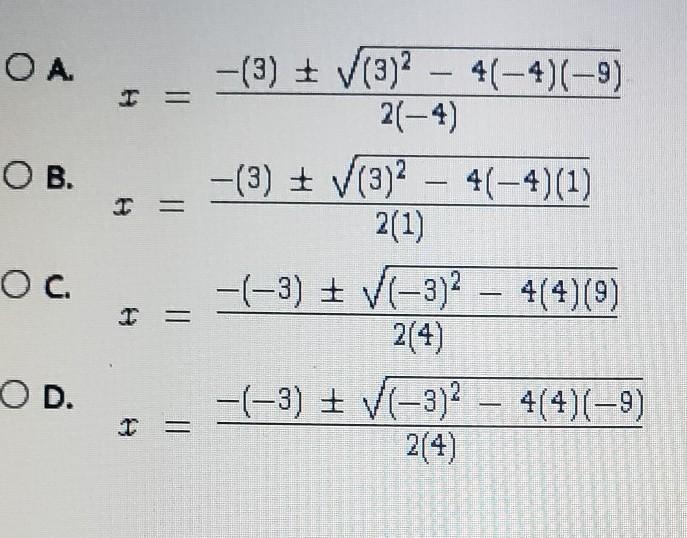 4 Consider the quadratic equation below.4 {x}^(2) - 5 = 3x + 4 Determine the correct-example-1