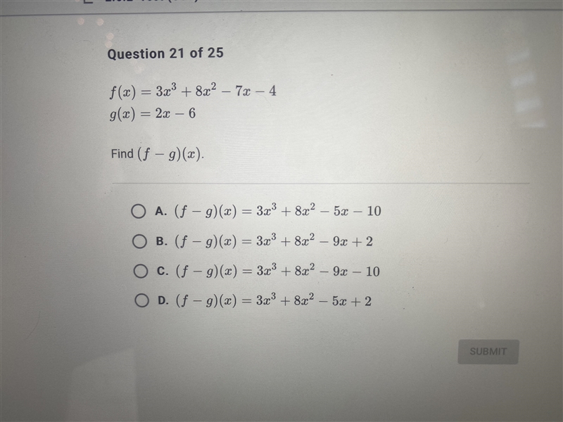 Please help! Functions and Relationshipsf(x)= 3x^2 + 8x^2 - 7x - 4 g(x)= 2x - 6 find-example-1