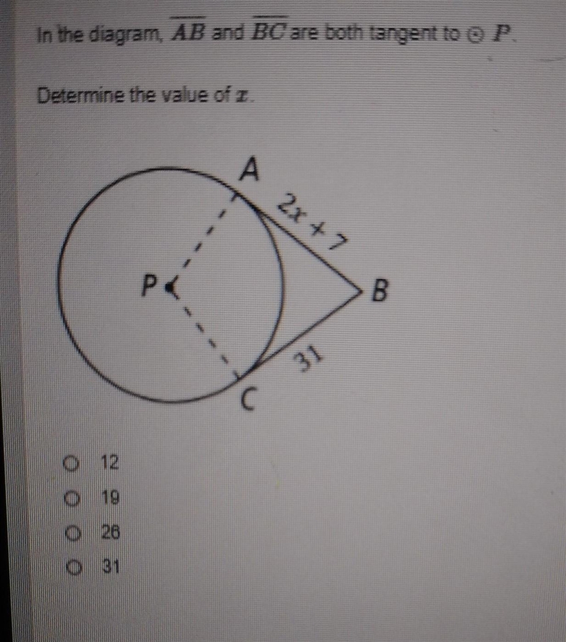 In the diagram , AB and BC are both tangent to P-example-1