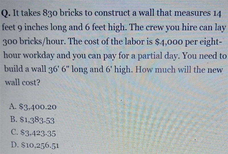 it takes 830 bricks to construct a wall that measures 14 feet 9 inches long and 6 feet-example-1