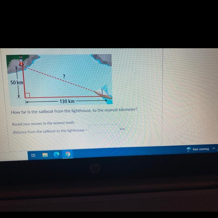 How far is the sailboat from the lighthouse to the nearest kilometer? Round your answer-example-1