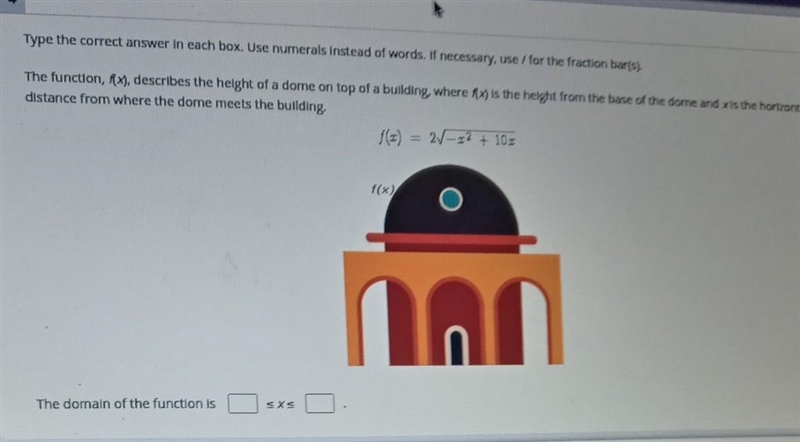 The function, f(x), describes the height of a dome on top of a building, where f(x-example-1