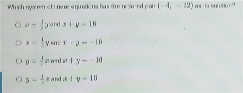 Which system of linear equations has the ordered pair (-4,-12)as it's solution?-example-1