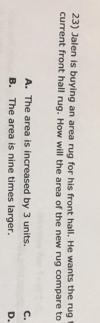 23) Jalen is buying an area rug for his front hall. He wants the rug to be triple-example-1