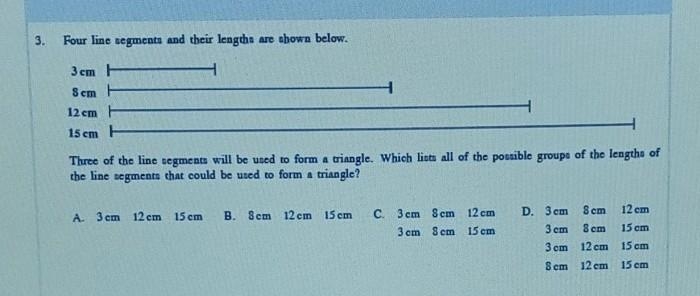 Four line segments and their lengths are shown below. 3 cm E - Sem 12 cm 15 cm F Three-example-1