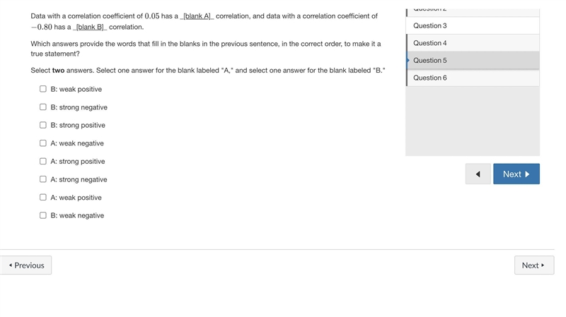 Data with a correlation coefficient of 0.05 has a _[blank A]_ correlation, and data-example-1