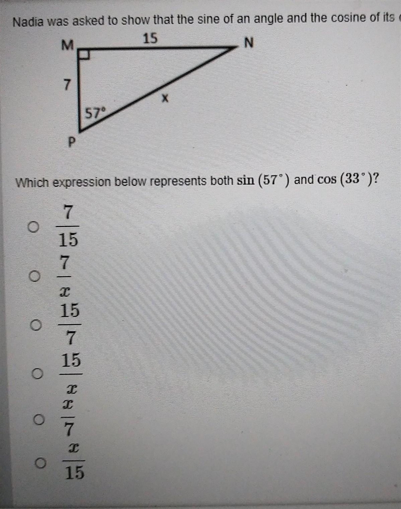 Which expression below represents both sin (57*) and cos (33*)?-example-1