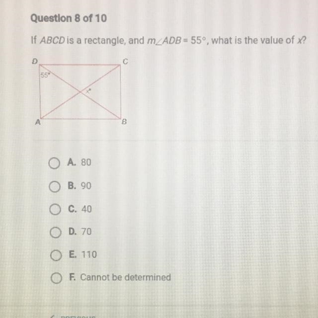 If ABCD is a rectangle, and m_ADB = 55°, what is the value of x?2С55ABA. 80Ο ΟB. 90C-example-1