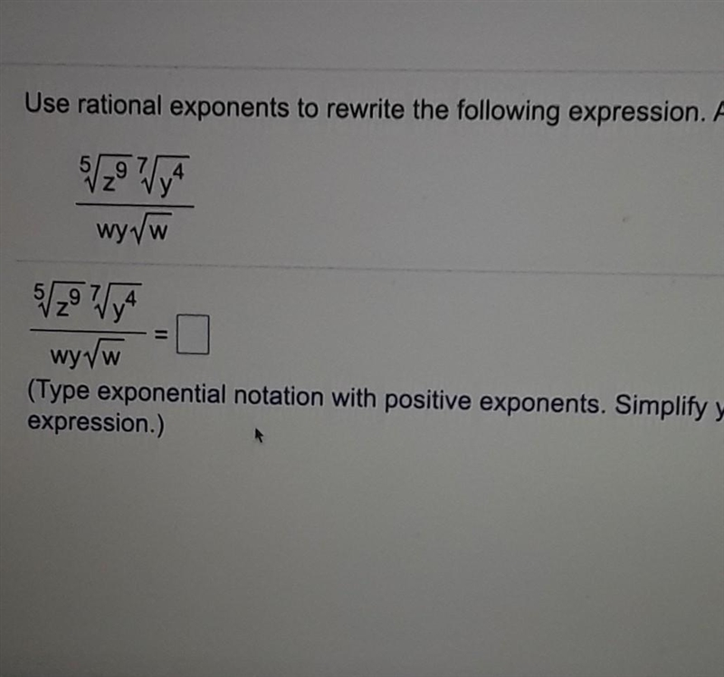 Use rational exponents to rewrite the following espression. Assume that any variables-example-1