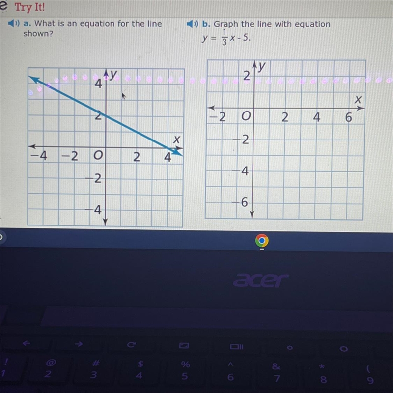 1. what is an equation for the line shown? 2. graph the line with equation y=1/3x-example-1