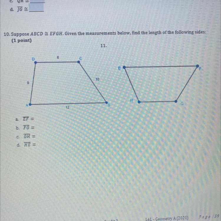 10. Suppose ABCD EFGH. Given the measurements below, find the length of the following-example-1