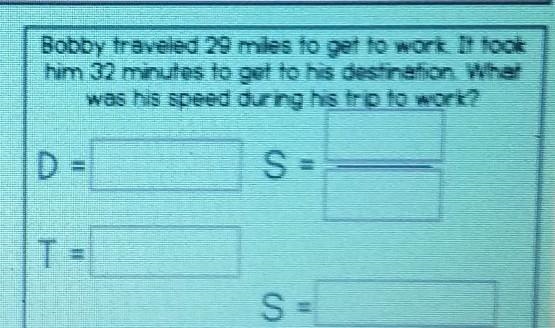 Bobby traveled 29 mles to get to work. It took him 32 minutes to get to his destination-example-1