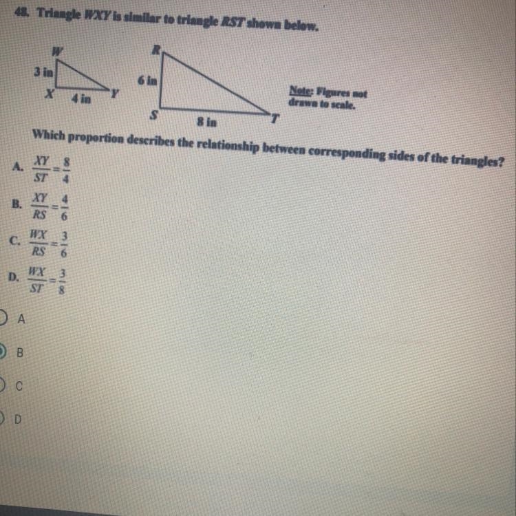 Which proportion describes the relationship between corresponding sides of the triangles-example-1