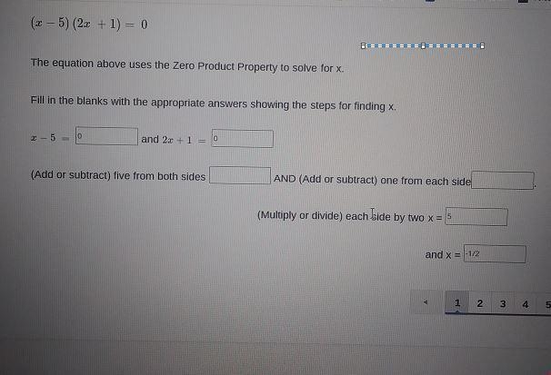 POSSIBLE (x – 5) (2x + 1) = 0 The equation above uses the Zero Product Property to-example-1