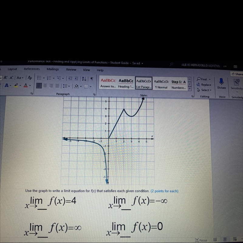 Part 2: Write limits given outputs.Use the graph of the function to write limit equations-example-1