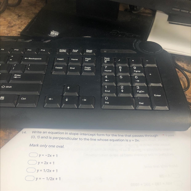 Write an equation in slope intercept form for the line that passes through (0,1)) and-example-1