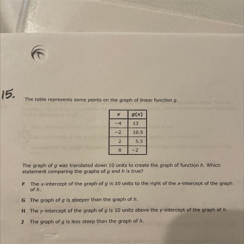 the graph of g was translated down 10 units to create the graph of function h. which-example-1