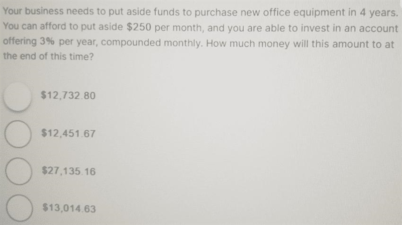 Your business needs to put aside funds to purchase new office equipment in 4 years-example-1