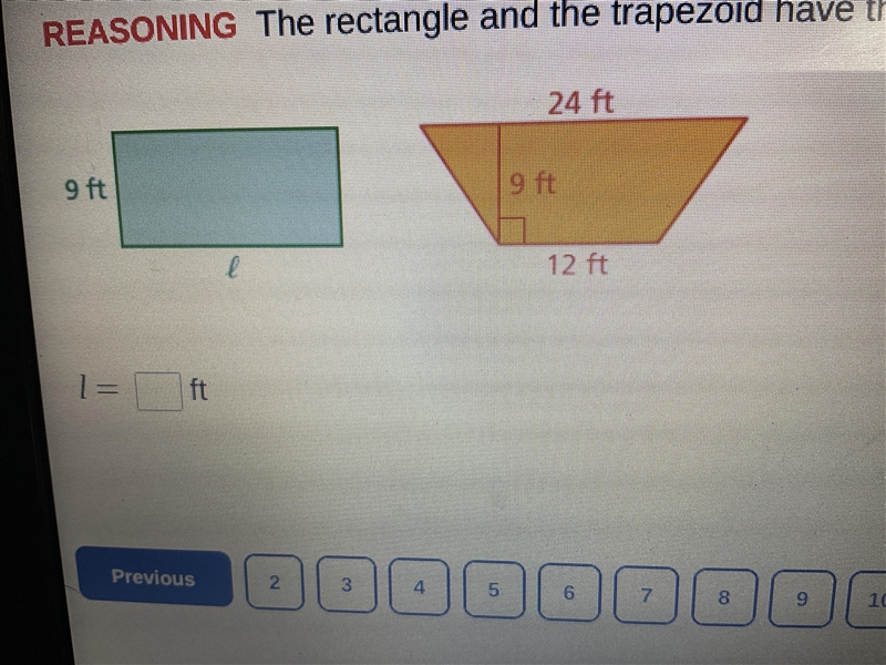 The rectangle and a trapezoid have the same area what is the length L of the rectangle-example-1