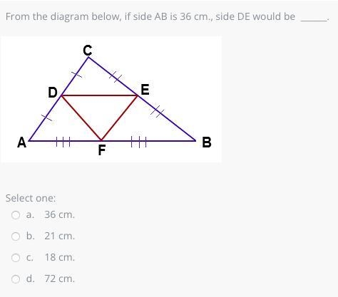 From the diagram below, if side AB is 36 cm., side DE would be ______.-example-1