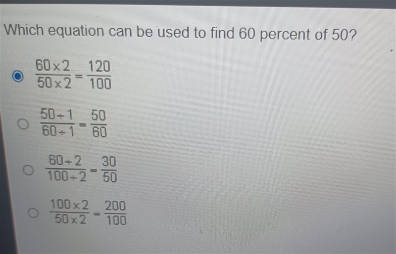 Which equation can be used to find 60 percent of 50​-example-1