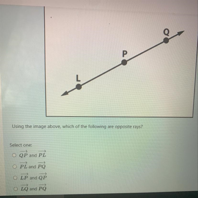 Using the image above, which of the following are opposite rays?A QP and PLB PL and-example-1