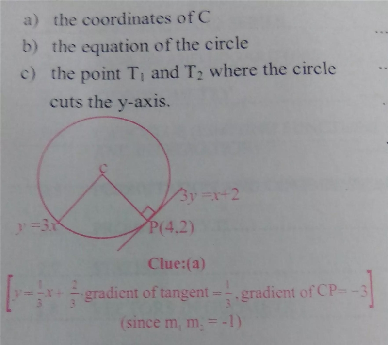 The equation of the tangent to a circle at P(2,4) is 3x = x+2. The line y = 3x passes-example-1